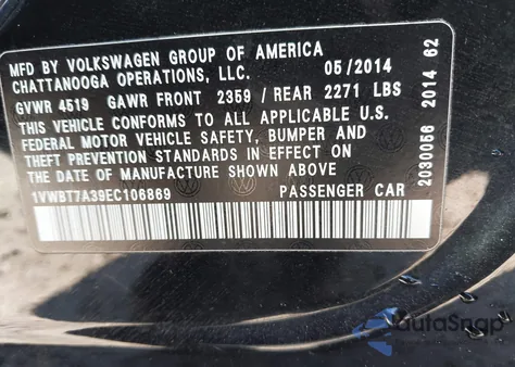 2014 Volkswagen Passat 1.8T Se z USA, uszkodzony, nr VIN 1VWBT7A39EC106869